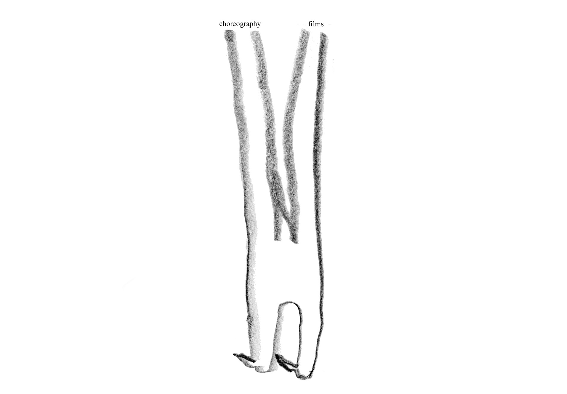 Croquis très simple d'un bonhomme se tenant en Y, un mot dans ses deux mains : films et choreography